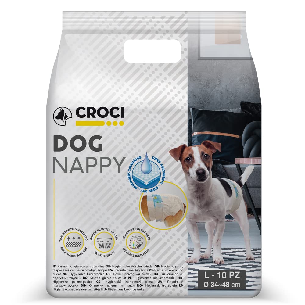 Croci Dog Nappy - Absorbent Pants for Female Dogs, Size L - Ø 34-48 cm, Hygienic Diaper for Heat Cycle and Pee, Odour Control, Disposable, Adjustable Adhesive Closure, 10 pcs