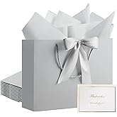 PASEOTA 12.6" Gift Bags Medium Size Set of 10 - Includes Tissue Paper, Cards & Ribbons, Luxury Gift Bags with Handles for Holiday Wedding Birthday (12.6" x 9.8" x 4.3", Silver)