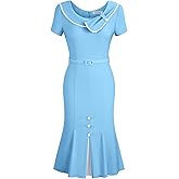 MUXXN Women's Retro 60s Sailor Collar Short Sleeve Pinup Cocktail Work Mermaid Dress with Belt