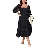 SCOMCHIC Women's Plus Size Maxi Dress Short Sleeve Square Neck Smocked Flowy A-Line Lace Trim Boho Wedding Guest Dresses