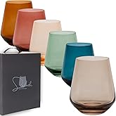 Saludi Colored Stemless Glasses, 16.5oz (Set of 6) Stemless Multi-Color Wine and Water Glass - Great for all Wine Types and Occasions - Luxury, Durable, Hand-Blown