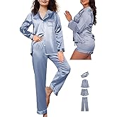 WJing Yi Jia Womens 4Pcs Satin Pajamas Set Silk Pajama Sets Silky Sleepwear Long Pj Set Loungewear Soft Pjs Nightwear XS-XXL