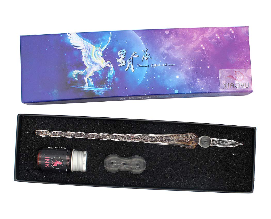 XIAOYU Luminous Glass Dip Pen Ink Set, 3 Pcs Starry Sky Calligraphy Pen Set - 1 Crystal Glass Pen, 1 Pen Holder, 1 Ink - Pink