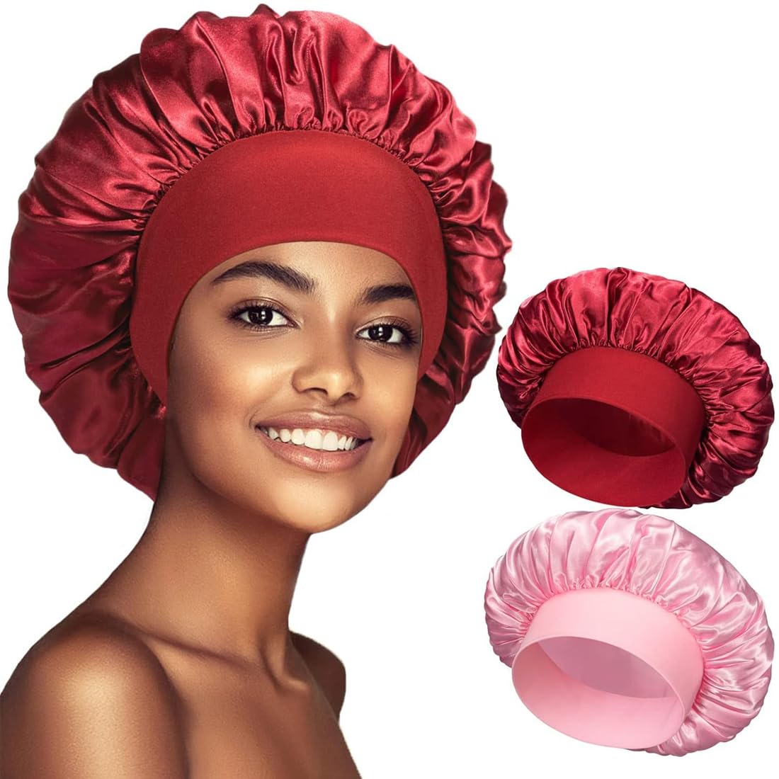 ZYBHMJE 2 Pcs Satin Night Hair Sleeping Caps with Wide Elastic Band - Silk Bonnet Suitable for Long Straight and Curly Hair - Red