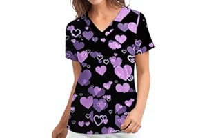 TIMIFIS Working Uniform for Womens Summer Short Sleeve T Shirts Casual Loose V Neck Tunic Tees Heart Print Nurse Blouse