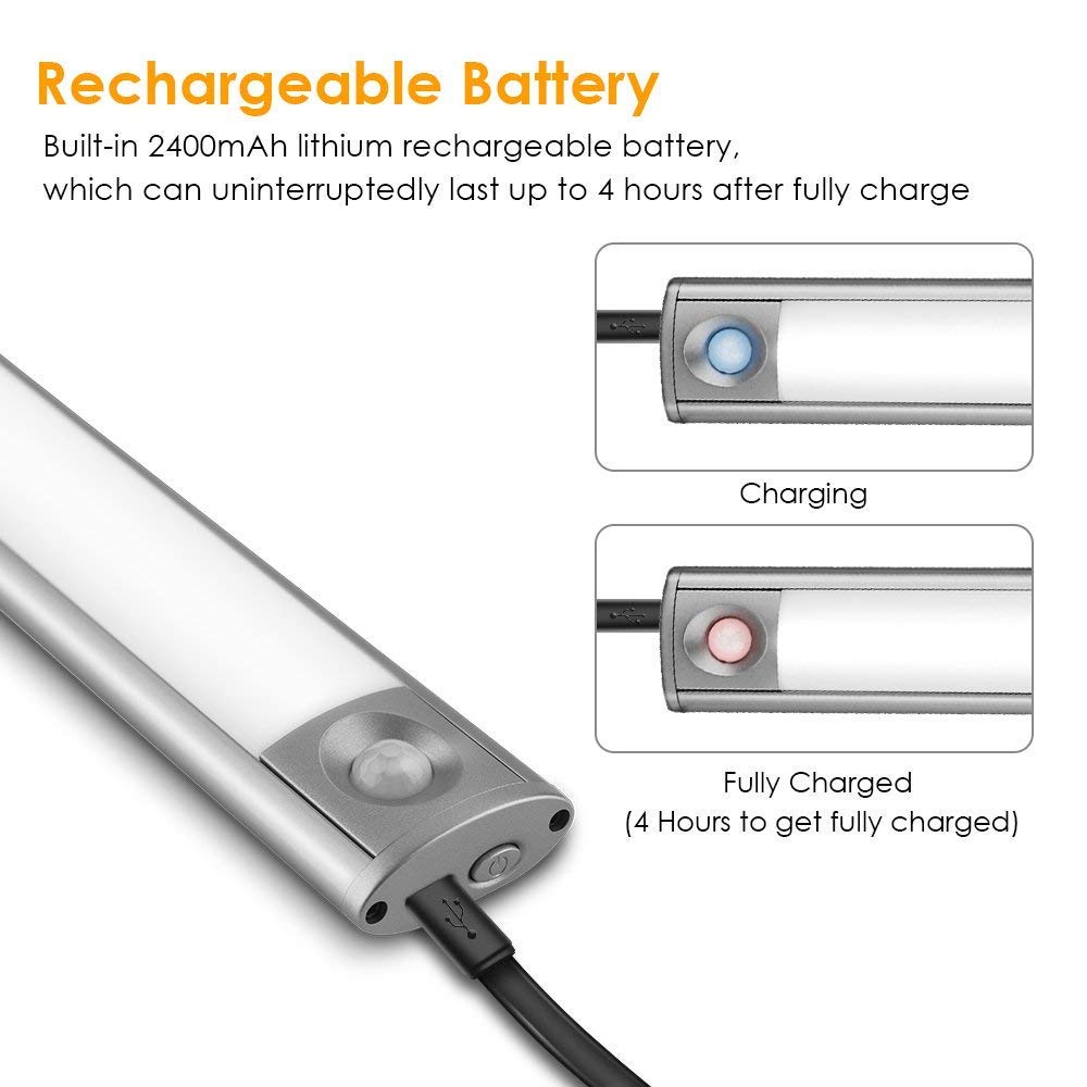 Schranklicht Unterbauleuchte Schrankbeleuchtung 66 LED Lichtleiste LOFTer PIR-Bewegungs- oder Lichtsensor große Batteriekapatizät und mit USB Kabel geladen Kabellos Für Schrank Küche Treppe Carage