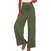 LOMON Linen Pants Women with Pockets High Waisted Wide Leg Palazzo Casual | Linen Pants Women, Wide Leg, with Pockets，Flowy Pants，Beach Pants for Women，Elastic Waist Linen Pants Women,Palazzo Casual