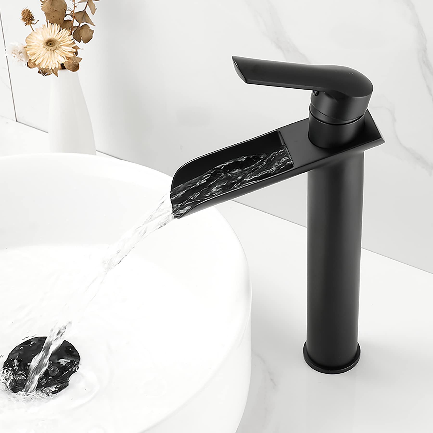 Waterfall Tap for Bathroom Sink Black, Tall Basin Tap,Waterfall Mono Basin Mixer Tap,Countertop Basin Tap,Bathroom Sink Tap Brass with 2 Hoses (Black)