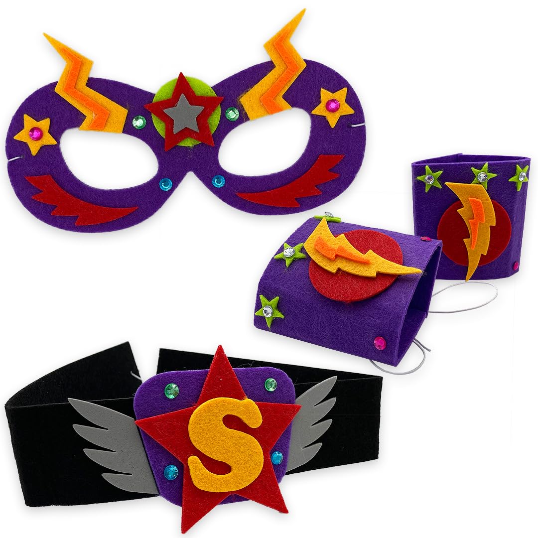 Kissymix Make Your Own Superhero Dress Up Kit 37 Piece Easy Make Felt Superhero Craft Kit with Belt, Mask and Wristbands