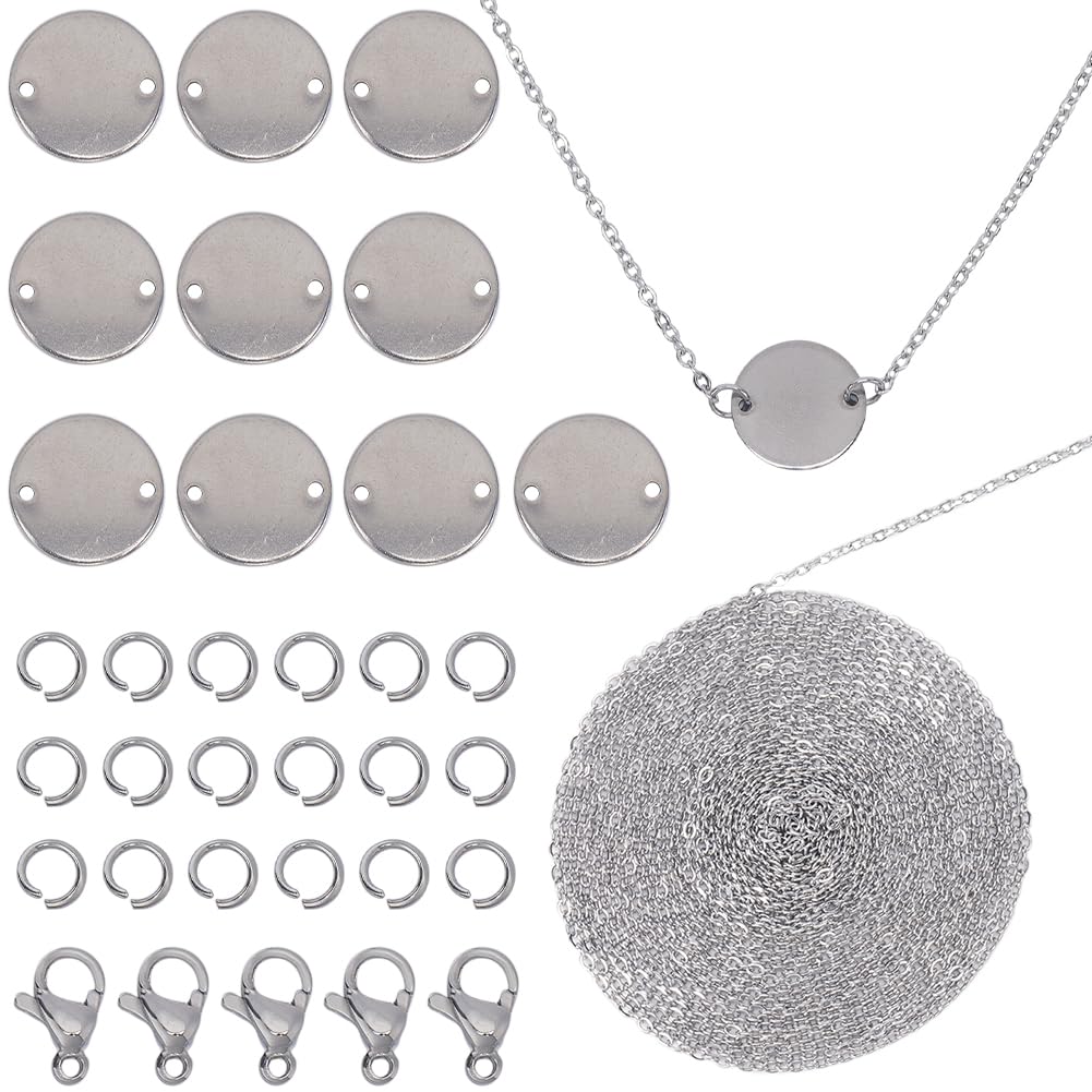SUNNYCLUE 1 Box DIY 20 Sets Necklace Stamping Blanks 304 Stainless Steel Blank Necklace Flat Round Link Connectors with 5m Cable Chains Stamping Tags Metal Stamping Charms for jewellery Making Kits