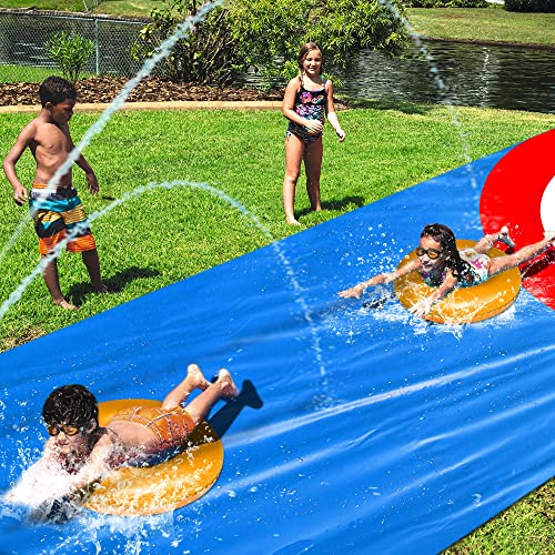 VEEST 33 FT Double Lane Water Slide - Giant Backyard Water Slip With 2 Bodyboards & Crash Pad