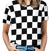 Bagea-Ka Black White Race Checkered Flag Pattern Womens Graphic Printed T-Shirt Short Sleeve Casual Tees Tops