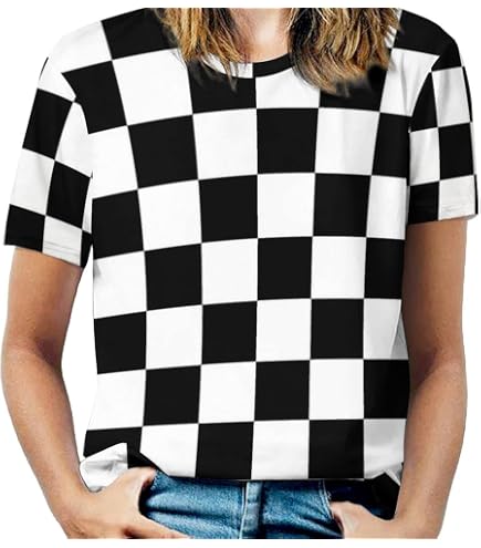 NUJAKE Black White Race Checkered Flag Pattern Womens Short Sleeve