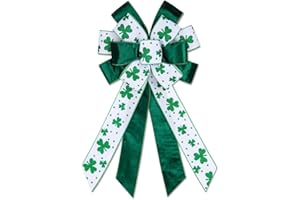 Hying Large St. Patrick's Day Bows for Wreath, Green Shamrock Bow White Burlap Wreath Bows Holiday Irish Clover Tree Topper Bows for Front Door Saint Patrick's Day Decorations Supplies