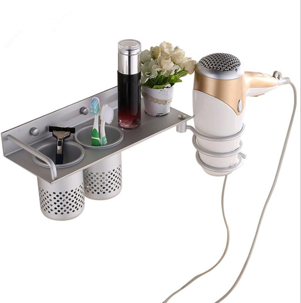 Multifunctional Hair Dryer Holder - Space Aluminum Spiral Hair Blow Dryer Hanging Rack Organizer - Wall Mounted Washroom Accessories Storage -Toothbrush Holder,Bathroom Storage Organizer with 2 Cups