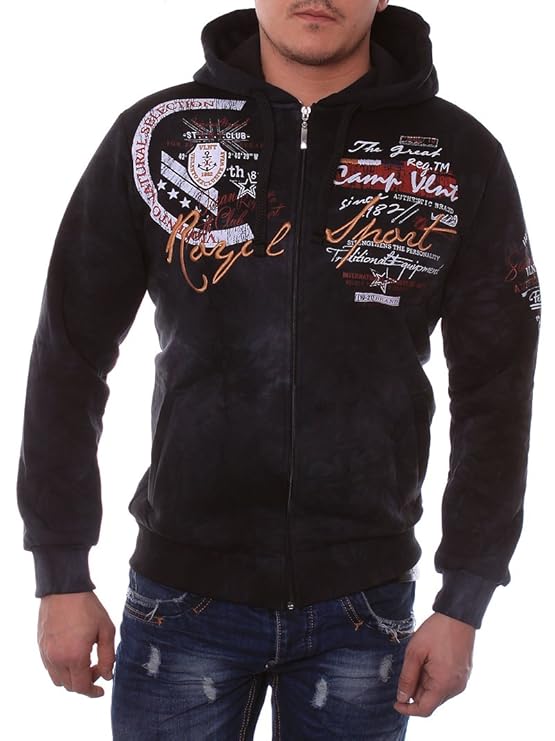 Herren Pullover Jacke Pulli Longshirt Hoodie Verwaschen Vintage SAILING ZIP NEU (L, Schwarz)