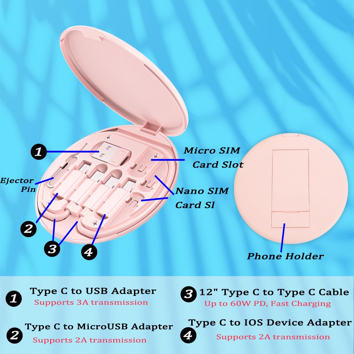 Multi USB Charging Adapter Cable Kit, USB C to iOS Device Adapter Box, Conversion Set A & Type C to Male Micro/Type C/iOS Device, Data Transfer, Card Storage, Tray Eject Pin, Phone Holder (Pink)
