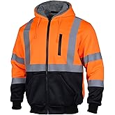 VENDACE Men's ANSI Class 3 High Vis Safety Reflective Sweatshirt Wool Fleece Zipper Jacket Hoodie with Black Bottom(Orange,XL)