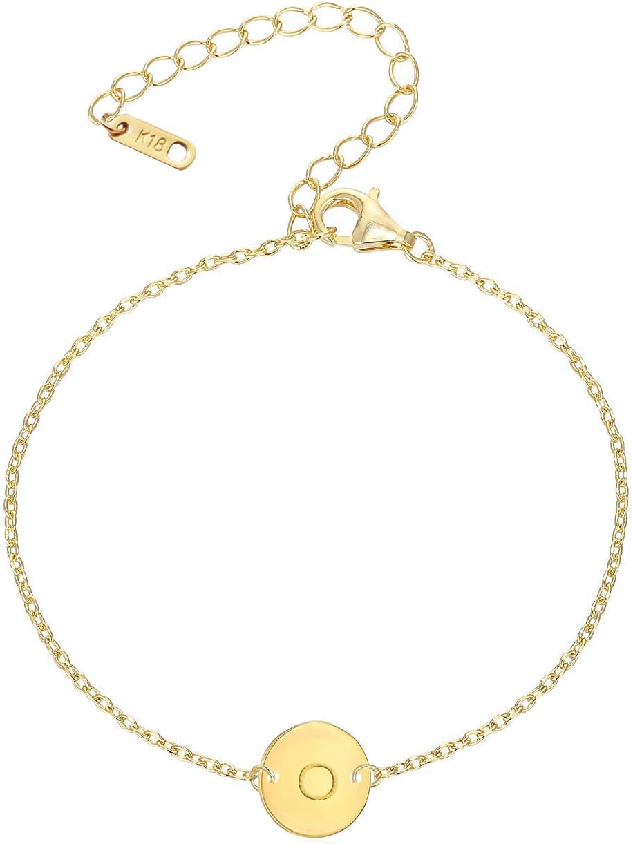 18K Gold Plated Stainless Steel Initial Bracelet Personalized Letter Charm Bracelet Small Dainty Disc Monogram Name…