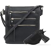 JESSIE & JAMES Double Compartment Multi-Zipper Triple Zip Pockets Concealed Carry Crossbody Bag with Lock and Key