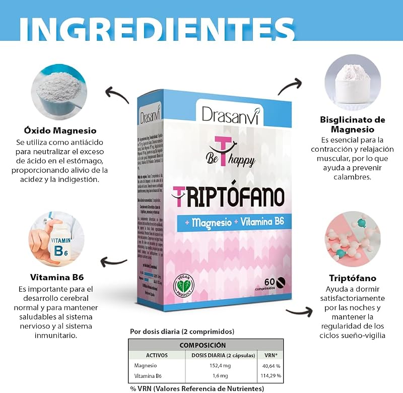 Drasanvi triptofano em 60 comprimidos para descanso diário sem glúten