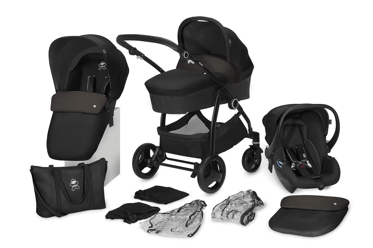 cbx 3-in-1 Kombikinderwagen-Set Leotie Pure 12-teilig mit Babyschale Shima, Faltbare Babywanne, 2x Regenverdeck, 2x Moskitonetz, Smokey Anthracite
