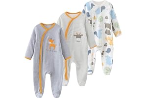 Chamie Unisex 3-Pack Organic Cotton Printing Clothes Footed Long Sleeve Bodysuit for Baby Boy and Girl