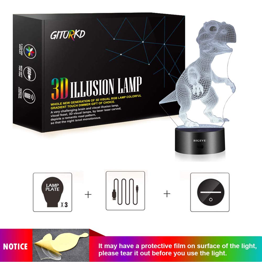 3D Night Light, Night Lights for Kids 3 in 1 3D Dinosaur Illusion Night Lamp Bedside Lamp 3 Colors, 3D Night Light for Kids Best Birthday Gifts for Kids Girls Boys Baby