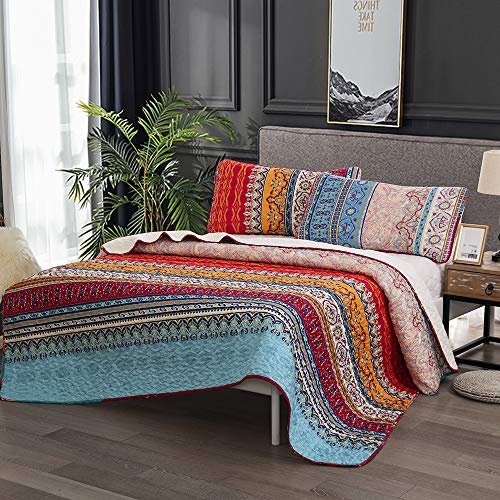 WONGS BEDDING Bohemian Quilt Set Queen, Boho Striped Pattern Printed Quilt Coverlet for All Season, Soft Microfiber Boho Bedspread 90x90 inches(3 Pieces, Colorful)