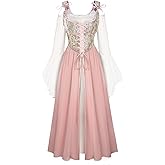 Scarlet Darkness Women Renaissance Costume Floral Lace Up Bell Sleeve Peasant Medieval Fairy Dress