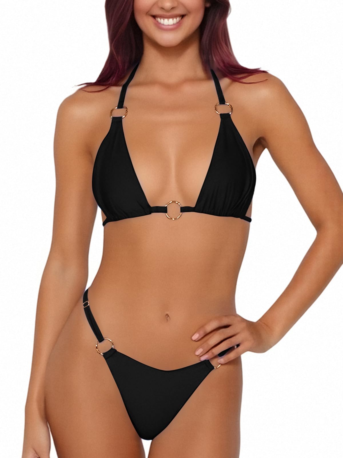 Photo 1 of Women Bikini Set Two Piece Swimsuit Sexy Thong Bathing Suit Halter Triangle Tops Cheeky Bikini (Black, X-Small)