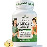Algae Omega 3 Softgels with 300mg DHA, 150mg EPA & Vitamin D3 & K2 - Omega 3 Supplement Fatty Acid to Support Brain, Eye & Immunity - Vegan, 60 Count