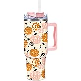 JarThenaAMCS Fall Pumpkin Tumbler with Lid Straw 40 Oz Pink Orange Pumpkin Stainless Steel Cup with Handle Travel Coffee Tumbler for Autumn Thanksgiving