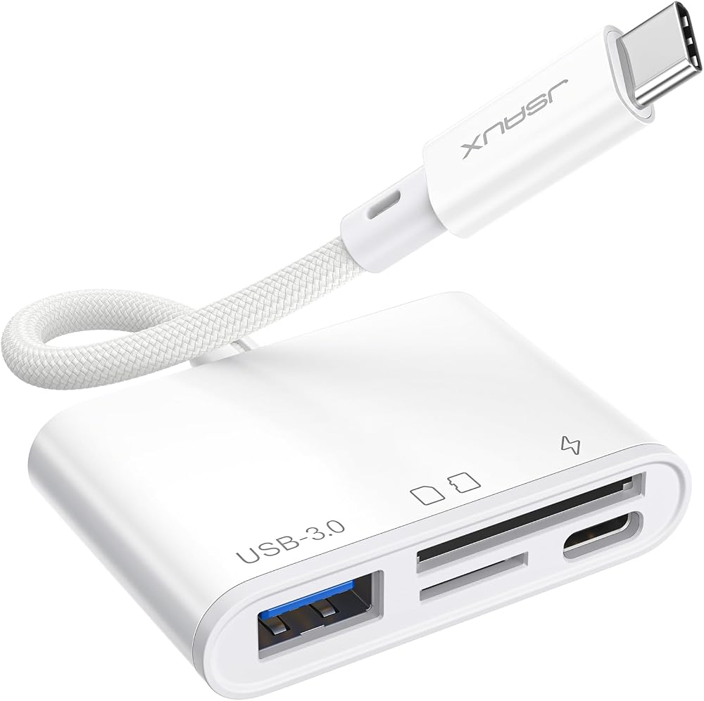 JSAUX 4-in-1 USB C Card Reader with USB 3.0 & Charging Port White