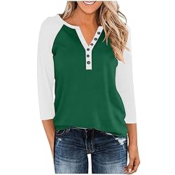 3/4 Length Sleeve Womens Tops Cotton Dressy V Neck