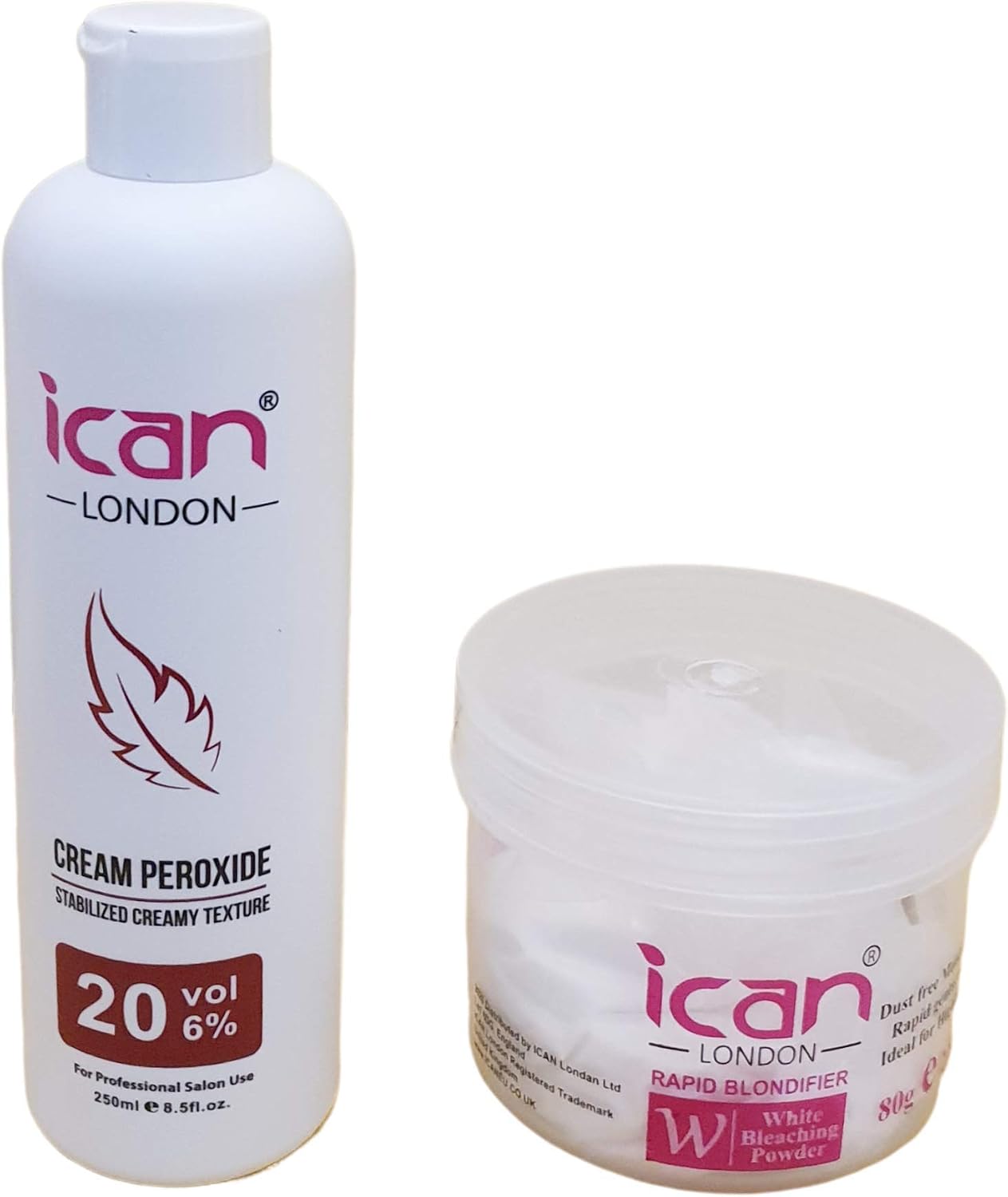 ICAN LONDON PROFESSIONAL CREAM PEROXIDE 20 VOL 6% 250 ML + WHITE POWDER BLEACH (JAR) 80 G SET, 2 Count (Pack of 1)