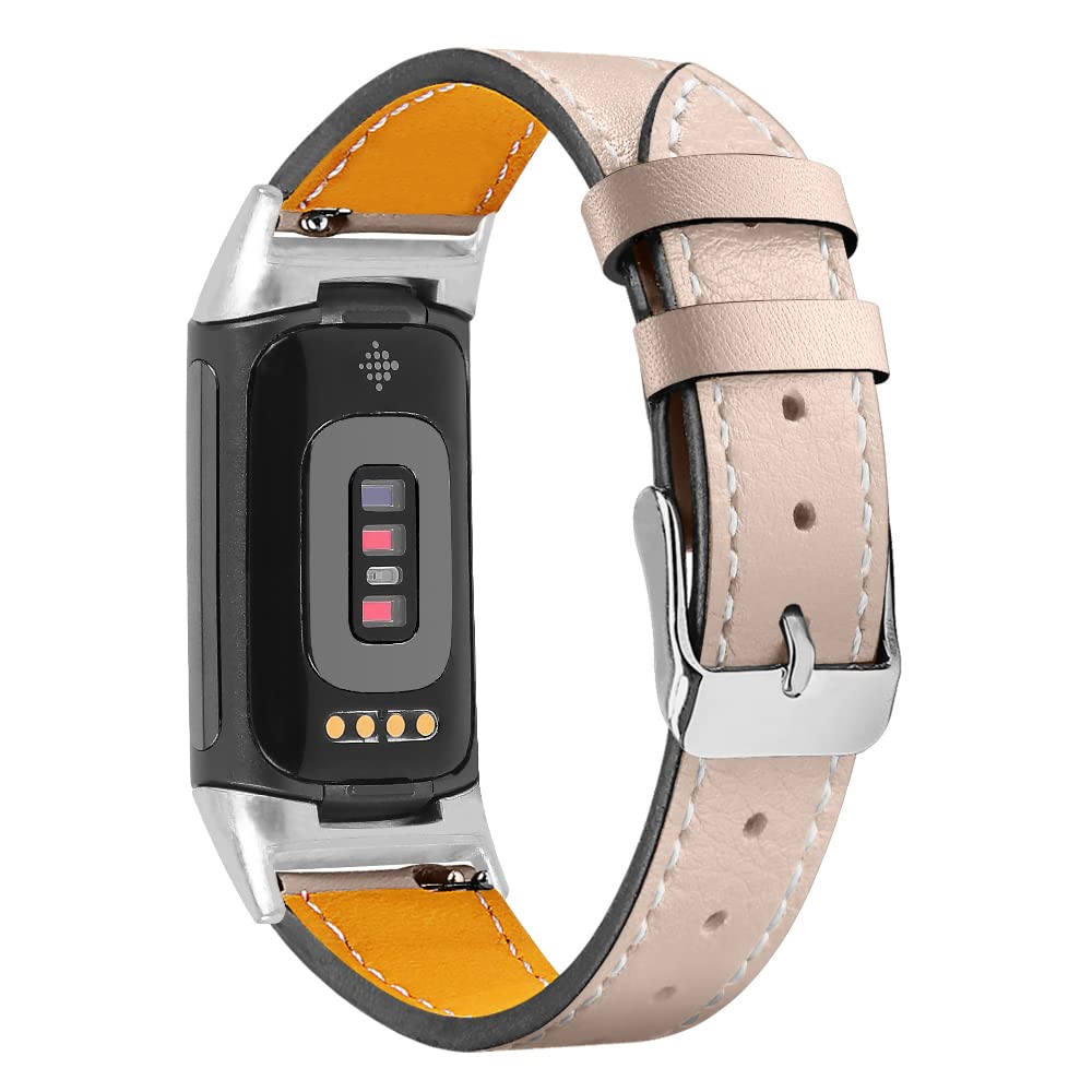 AISPORTS Leather Strap Compatible with Fitbit Charge 6/5 Strap for Women Men, Soft Breathable Leather Sport Wristband Metal Buckle Clasp Bracelet Replacement Band for Fitbit Charge 6/5