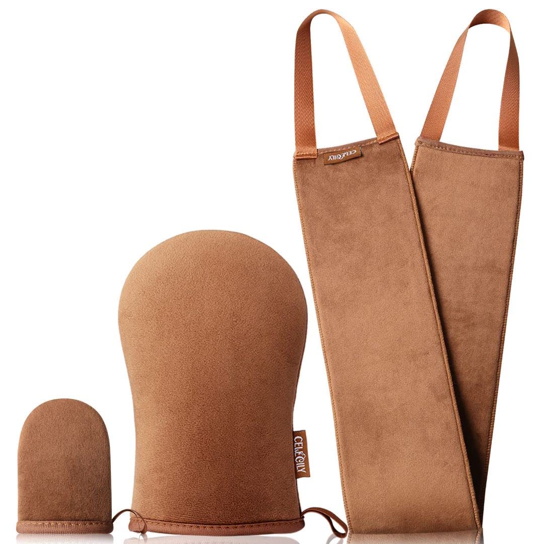 Celecily Tanning Mitt Applicator - Fake Tan Mitt Set with velvet Tanning Mit for Self Tan Mitt glove, Back Tanner Applicator, Reusable Lotion Applicator for Back