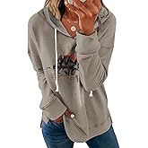 Womens Casual Loose Fit Pullover Sweatshirt with Artistic Print Drawstring Hood Long Sleeve Cotton Blend for Fall