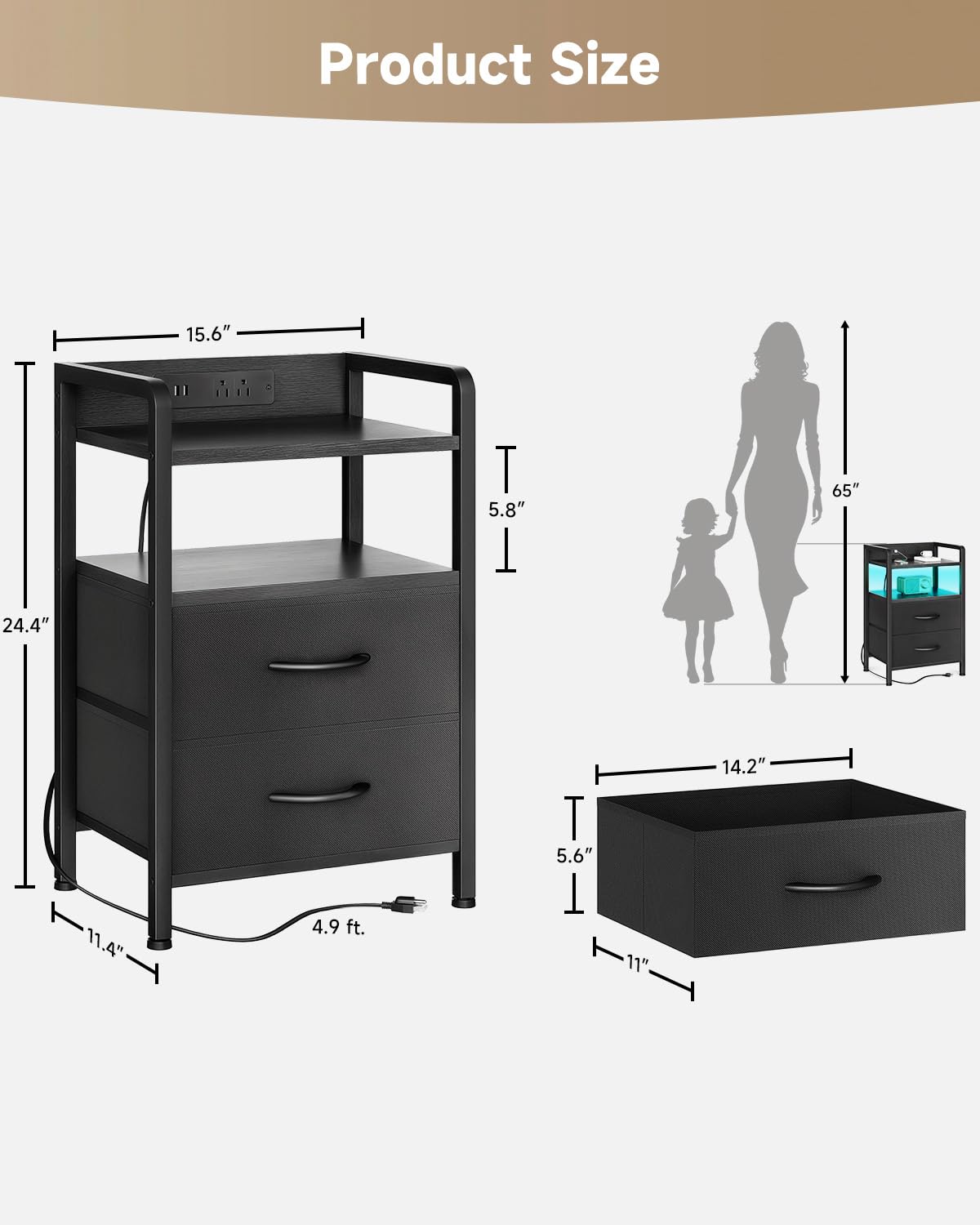Lazzanto Mesita de noche con cargador para dormitorio, mesita de noche con estación de carga y tira de luz LED, mesita de noche con estante de almacenamiento y 2 cajones de tela, mesa auxiliar moderna con puertos USB y salidas de CA