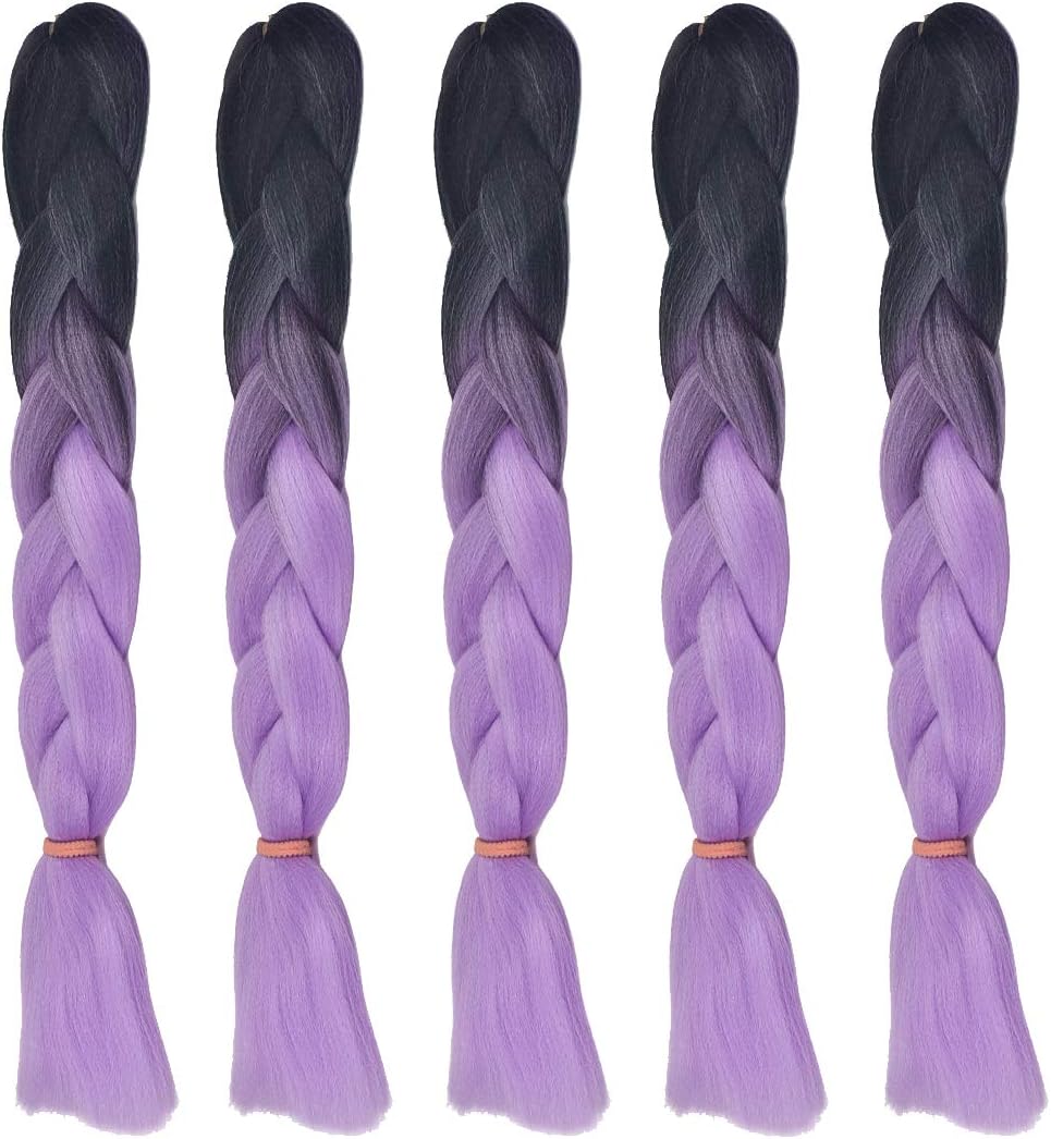 5 Pcs 24'' Two Colors Jumbo Braid Synthetic Hair 100g Kanekalon Hair Braiding Extensions Synthetic Heat Resistant （Black and purple）