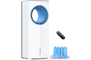 MYICY 27 INCH Evaporative Air Cooler, Bladeless Windowless Air Conditioners w/4 Modes & 3 Speeds, 1 Gallon Double Tanks for 12H Cooling, 360°Auto Swing, 20ft Remote Control,7H Smart Timer, 4 Ice Packs