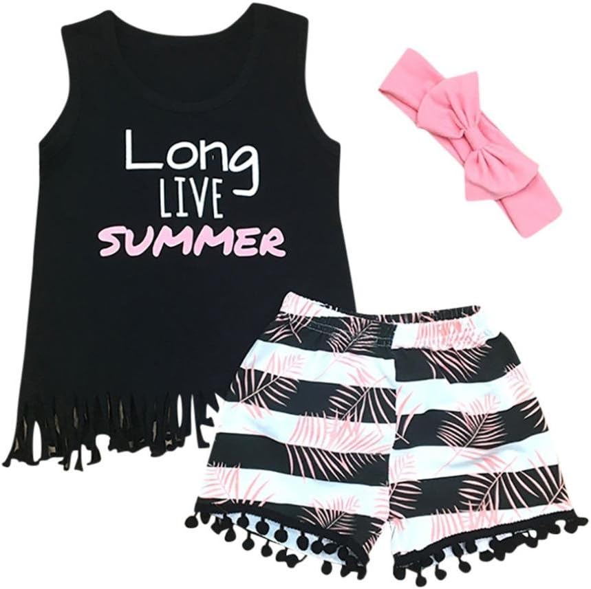 JYC Girls Clothing Sets, 3Pcs Toddler Infant Baby Girls Letter Print Tops Striped Shorts Headband Outfits Set Clothes