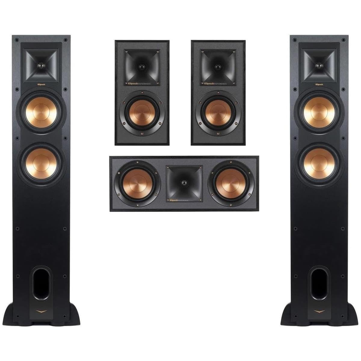 Klipsch Reference 5.0 Sistema de cine en casa – Paquete con 2 altavoces de suelo R-26FA, altavoz de canal central R-52C, 2 altavoces de estantería R-41M