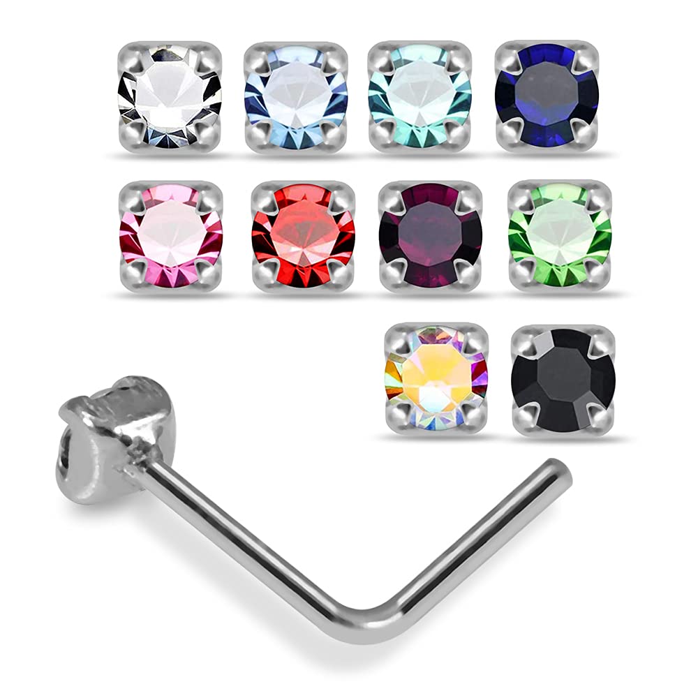 AZARIO London Box Set 20 Pieces 2MM Round Claw Set Crystal Stone Top 22 Gauge 925 Sterling Silver L Bend Nose Stud Piercing