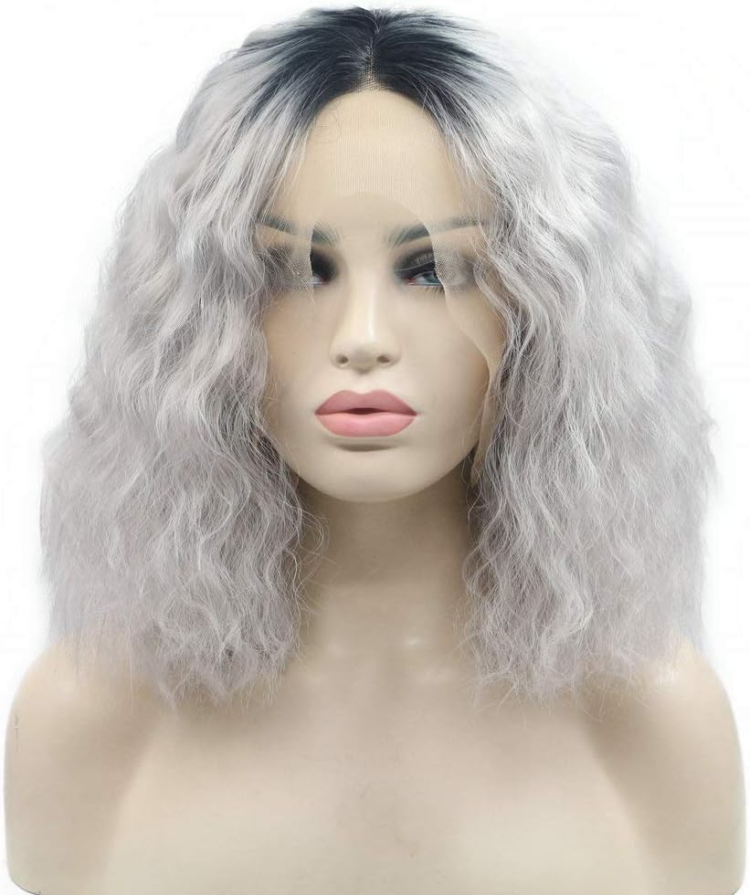 14" Women's Cosplay Summer Wigs Shoulder Length Black Ombre Gray Short Bob Wigs Natural Hairline Synthetic Lace Front Wigs for Women Girls Party Cosplay Daily Use Drag Queen Wig - Image 3