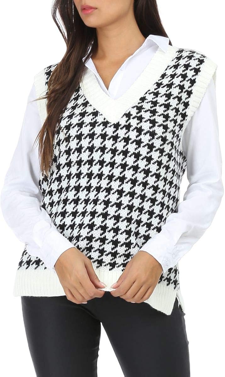 Jlihang Women Houndstooth Knitted Sweater Vest V Neck Casual Loose Oversized Vintage Pullover Tops (White) at  Women’s Clothing store