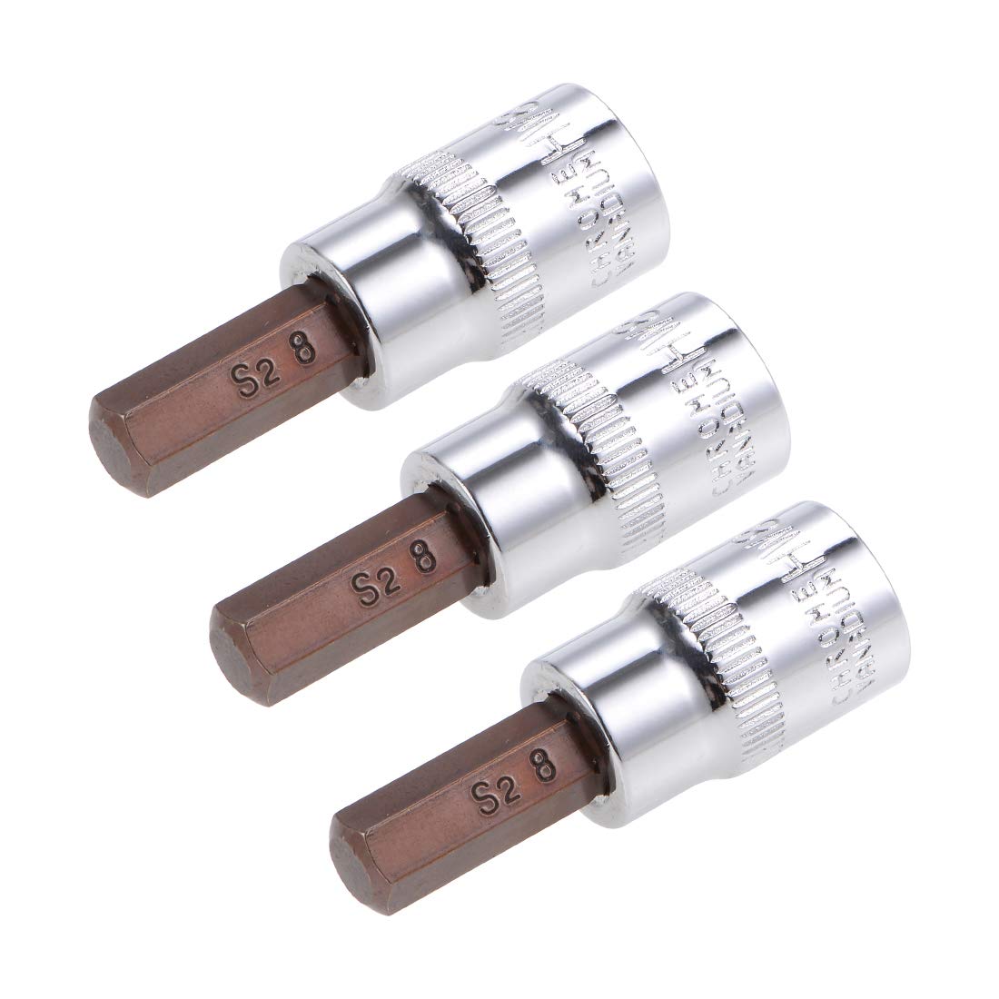 sourcing map 3pcs 3/8" Drive x H8 (8mm) Hex Bit Socket, S2 Steel Bits CR-V Sockets 38mm Length Use with Ratchet Wrench, Slide Bar, Extension Rod