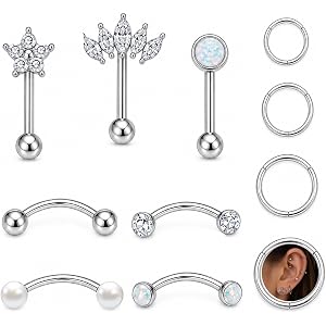 16G Rook Eyebrow Piercing Jewelry Surgical Steel Set | Vertical Labret Lip Jewelry Curved Barbell Cartilage Daith Conch Silve