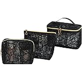 Linsiter 3-Piece Mesh Makeup Bag Set Flocking Heart Printed, Portable Travel Mesh Cosmetic Bags Toiletry Bags Makeup Purse Bags Five-pointed star zipper pull Storage Pouches, for Home Travel